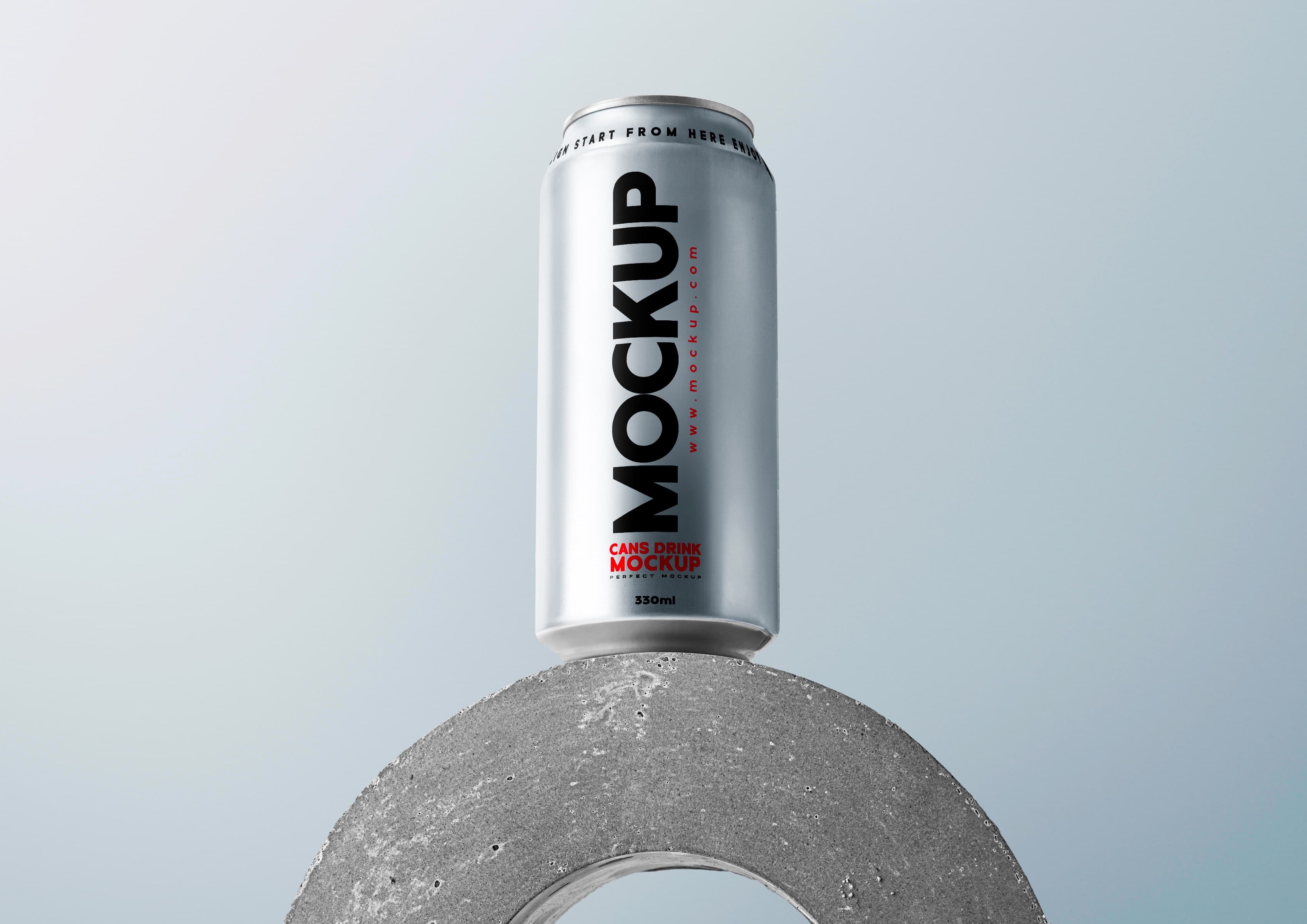 Realistic Aluminum Beverage Can Mockup with Concrete Arch Background