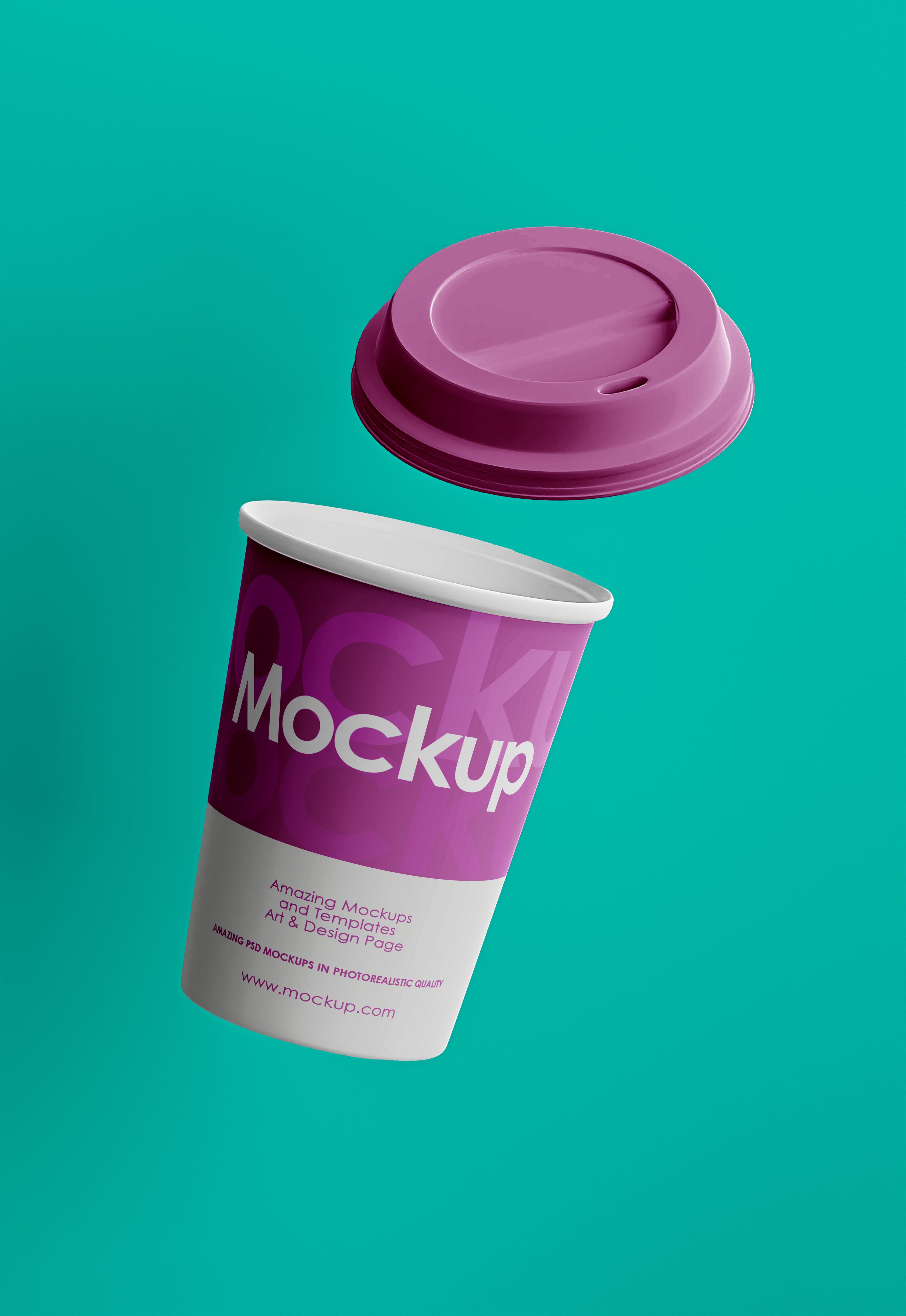 Floating Magenta Paper Coffee Cup Mockup with Purple Lid on Teal Background