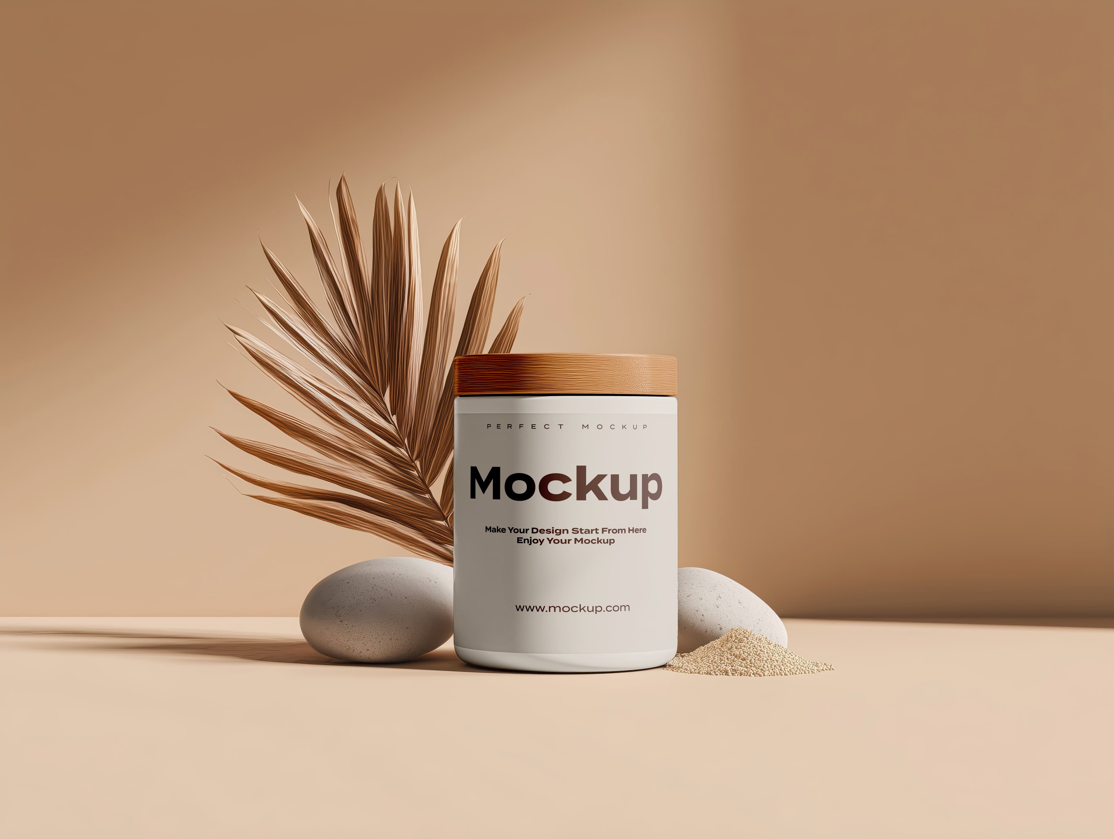 Realistic Round Glass Jar Mockup with Wooden Lid Beige Background