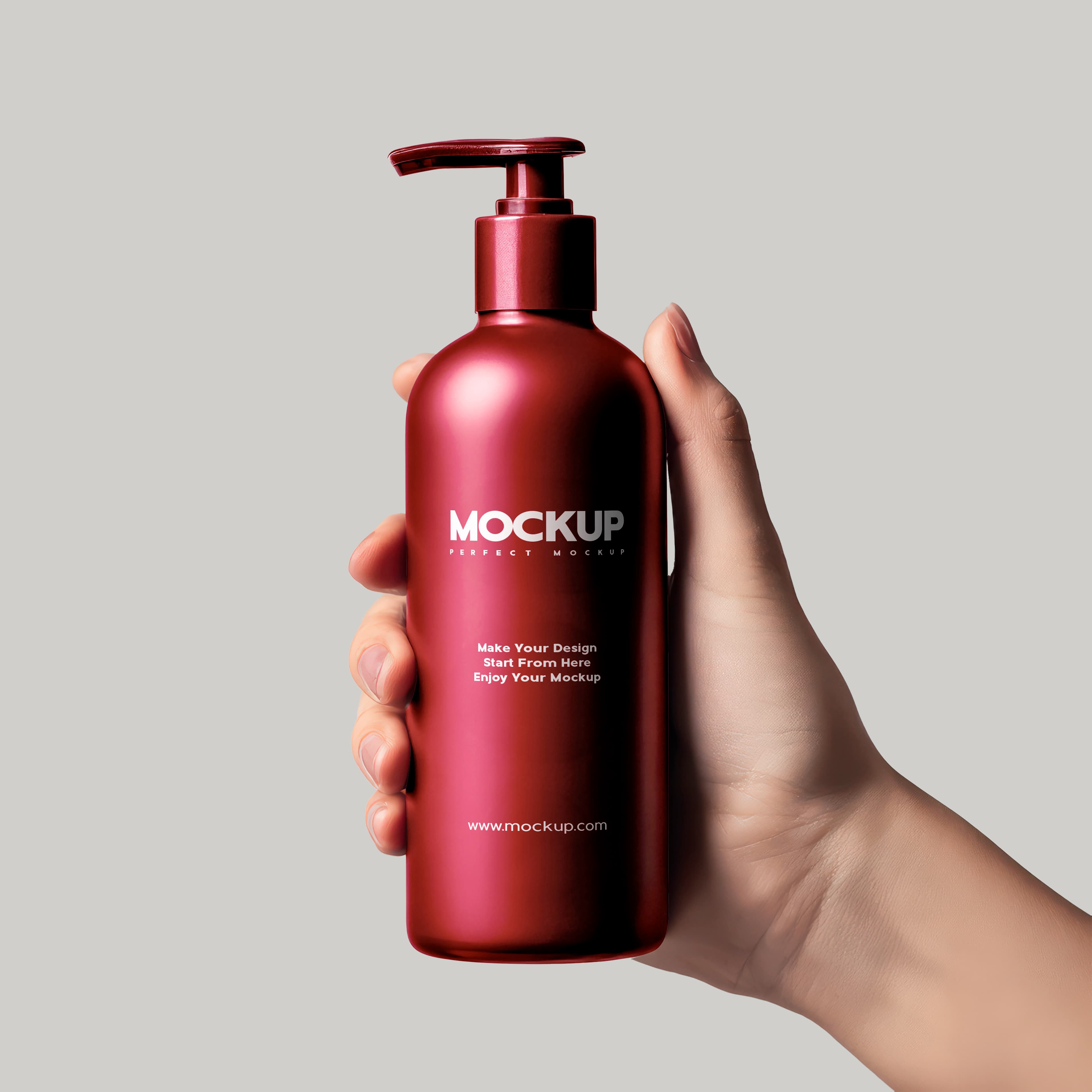 Metallic Red Pump Bottle Branding Mockup Handheld